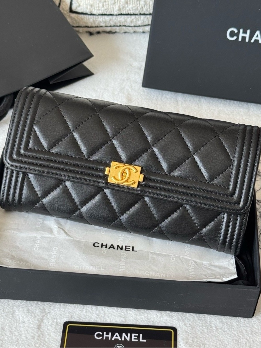 CHANEL Black Quilted Lambskin Wallet with Gold CC Lock